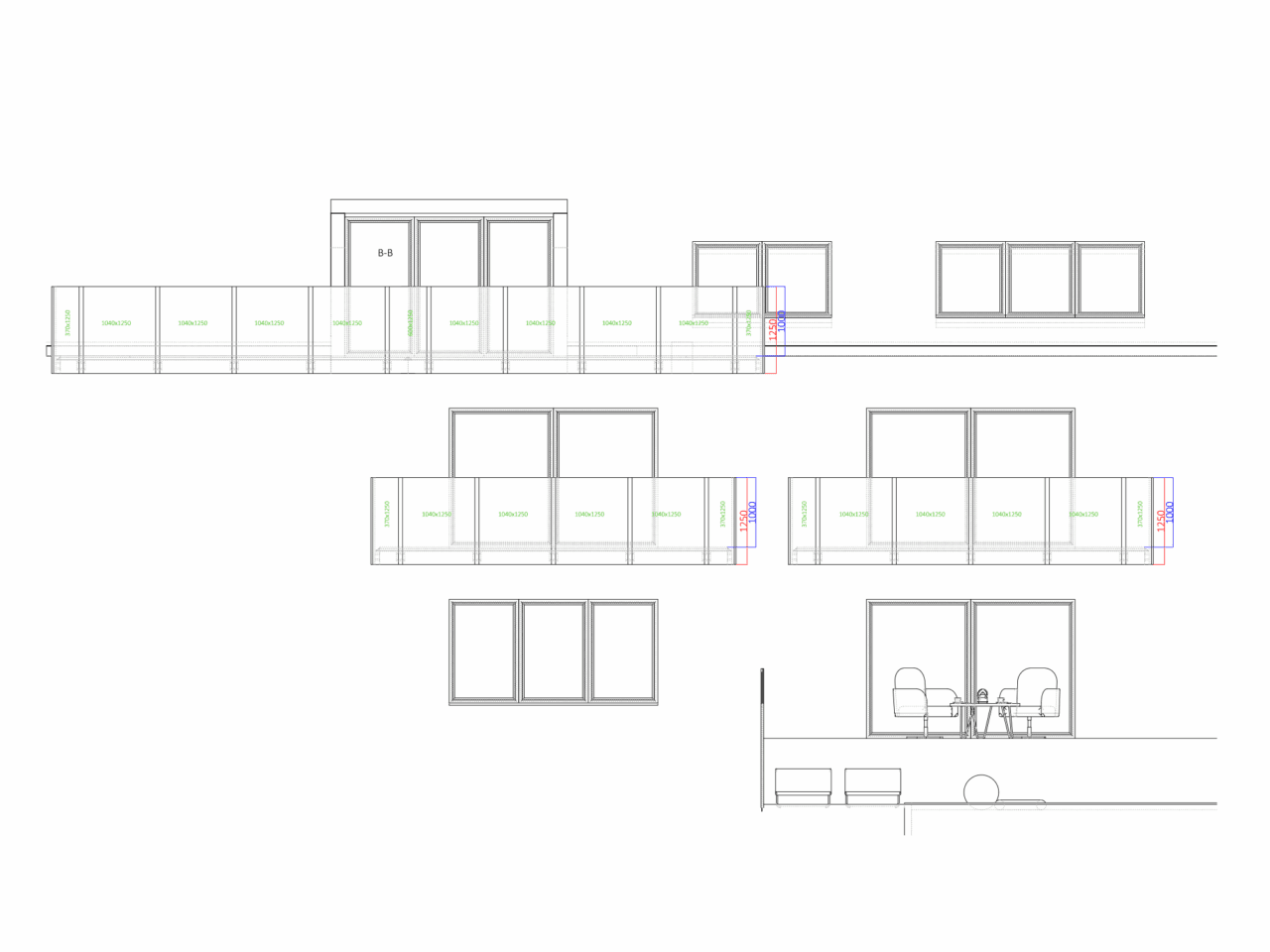 Projekt 2D balustrady szklanej z czarnymi słupkami – wizualizacja techniczna Limbram
