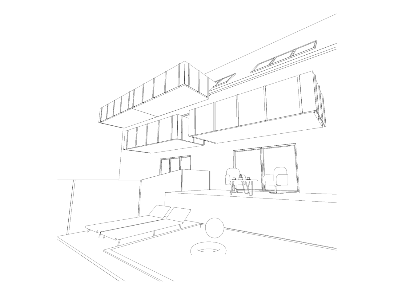 Rzut 3D balustrady szklanej z czarnymi słupkami – projekt Limbram