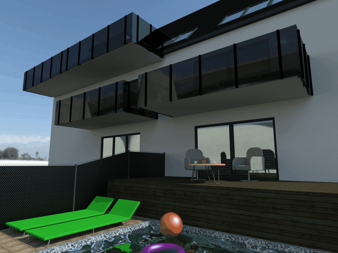 Wizualizacja 3D balustrady szklanej z czarnymi słupkami – projekt Limbram