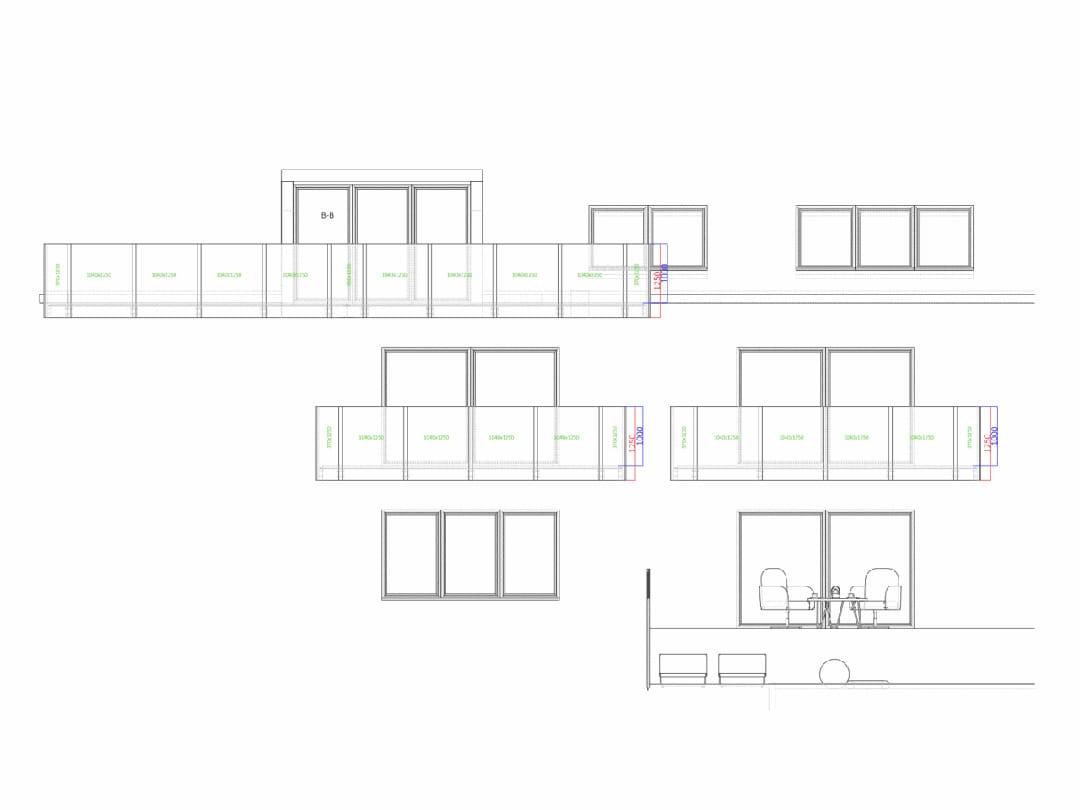 Projekt 2D balustrady szklanej z czarnymi słupkami – wizualizacja techniczna Limbram