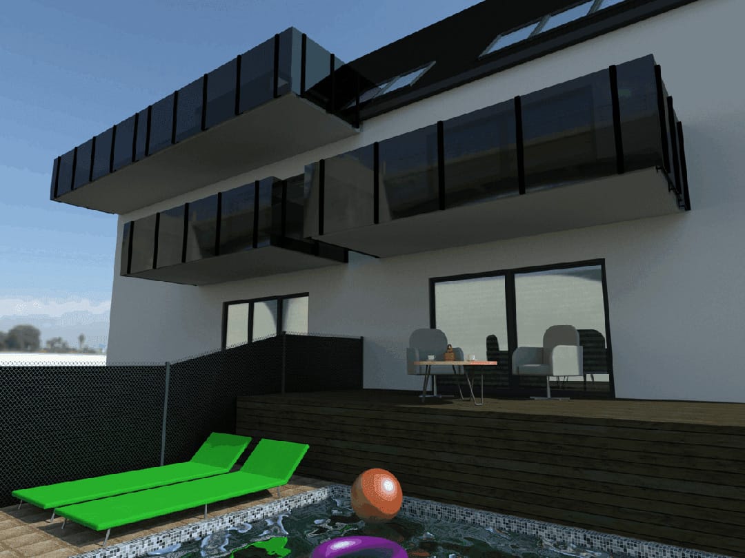 Wizualizacja 3D balustrady szklanej z czarnymi słupkami – projekt Limbram